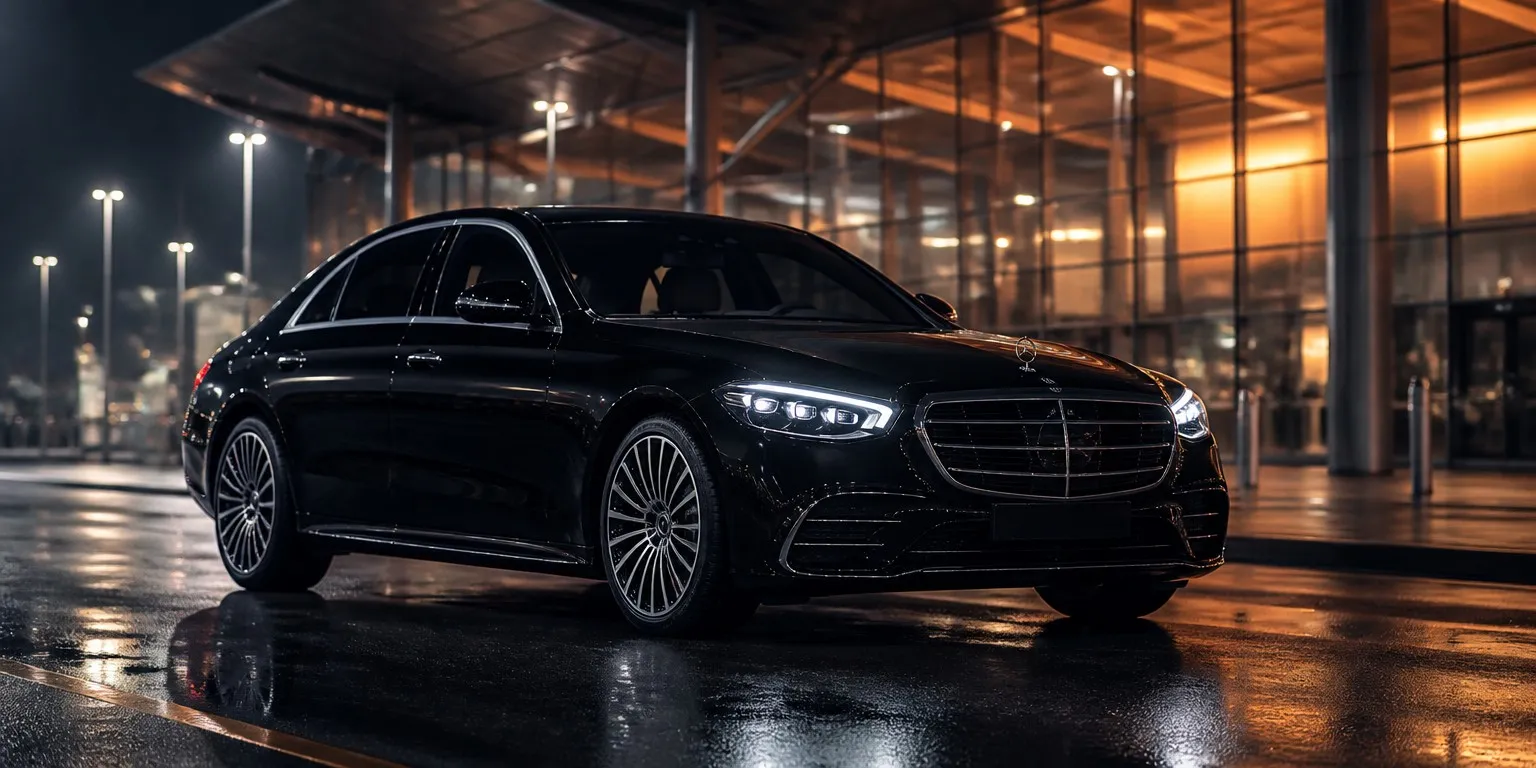Current-generation Mercedes-Benz S-Class at the terminal forecourt, night