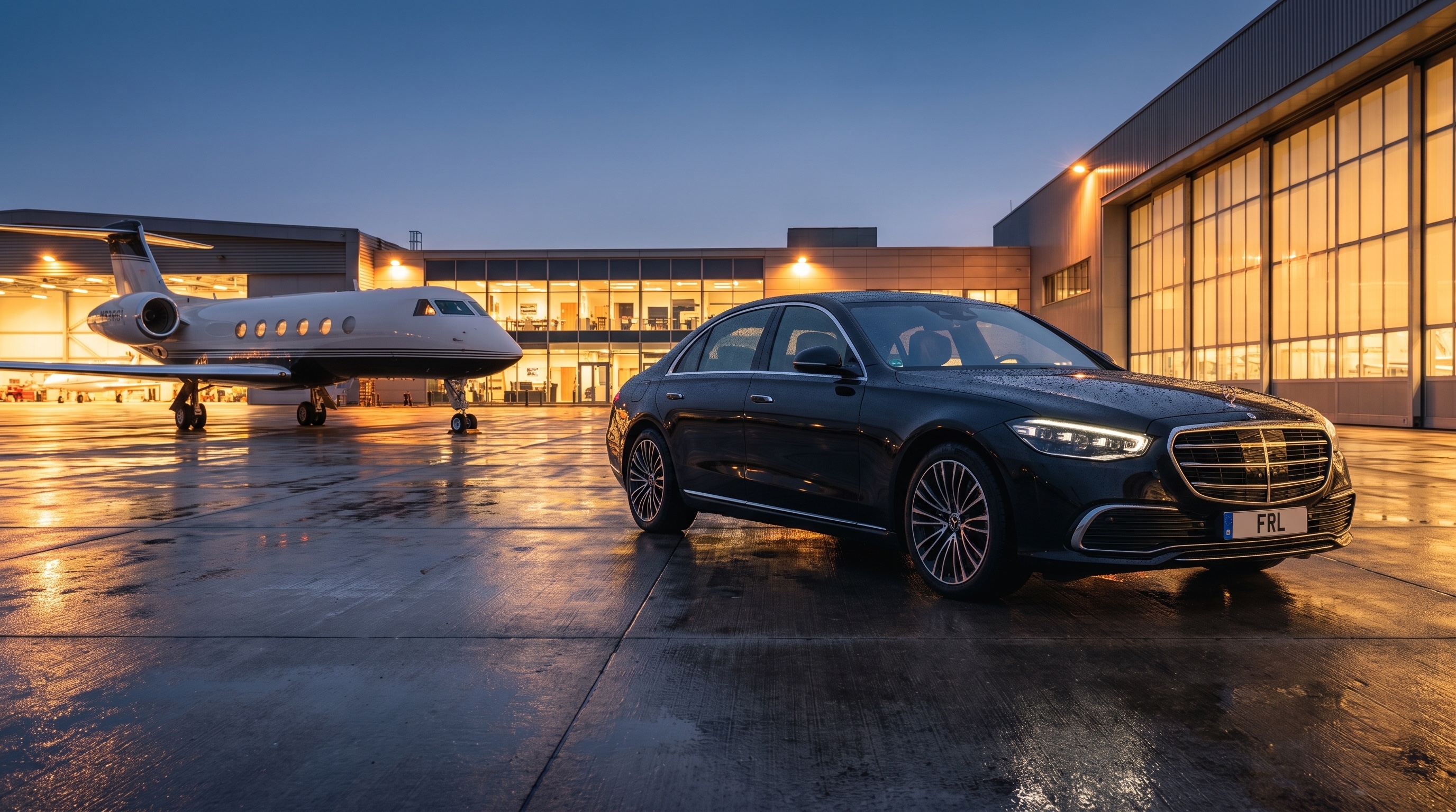 Current-generation Mercedes-Benz S-Class waiting on the tarmac beside a private jet, dusk