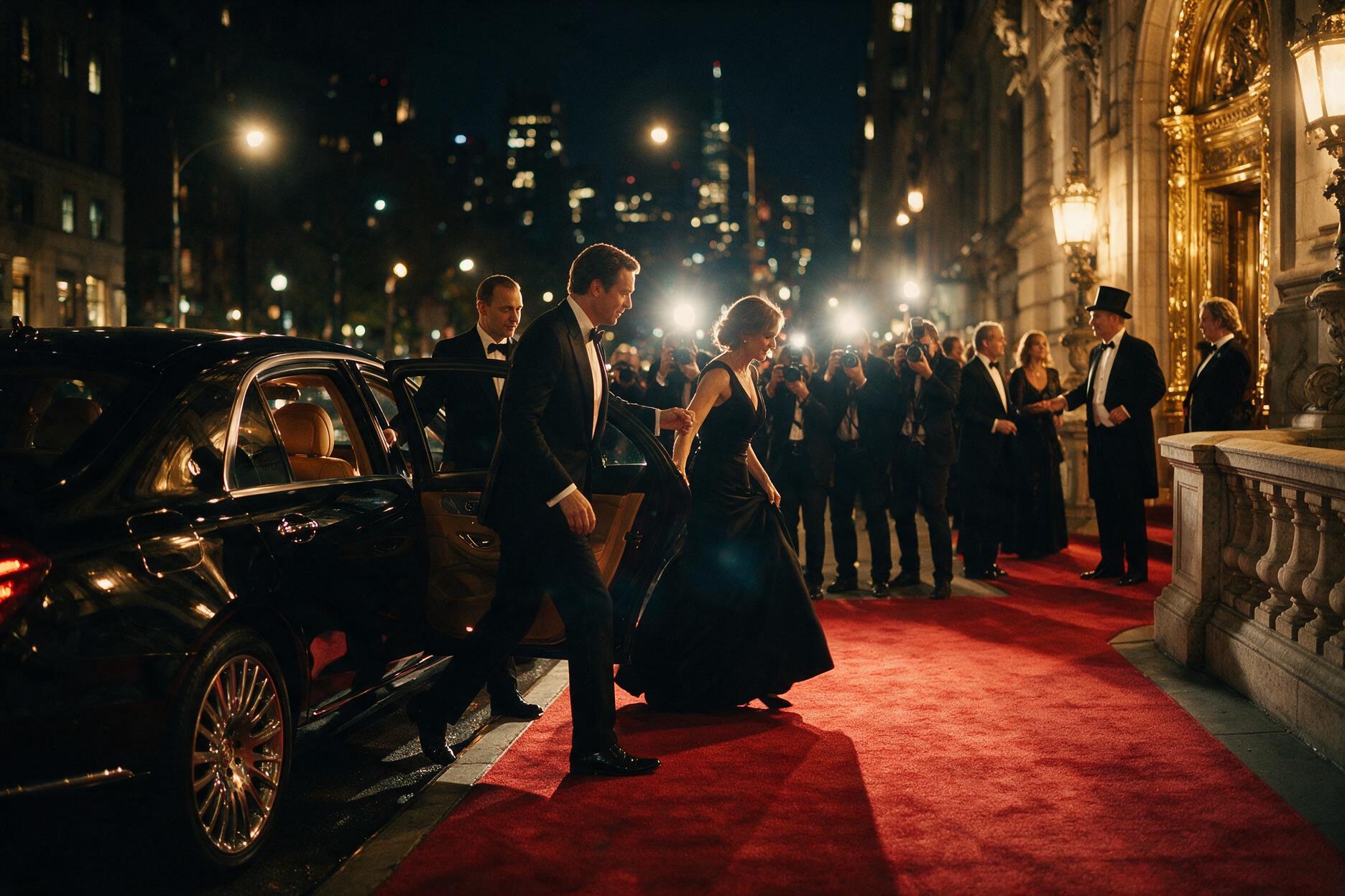 Black-tie arrival, Manhattan gala at night