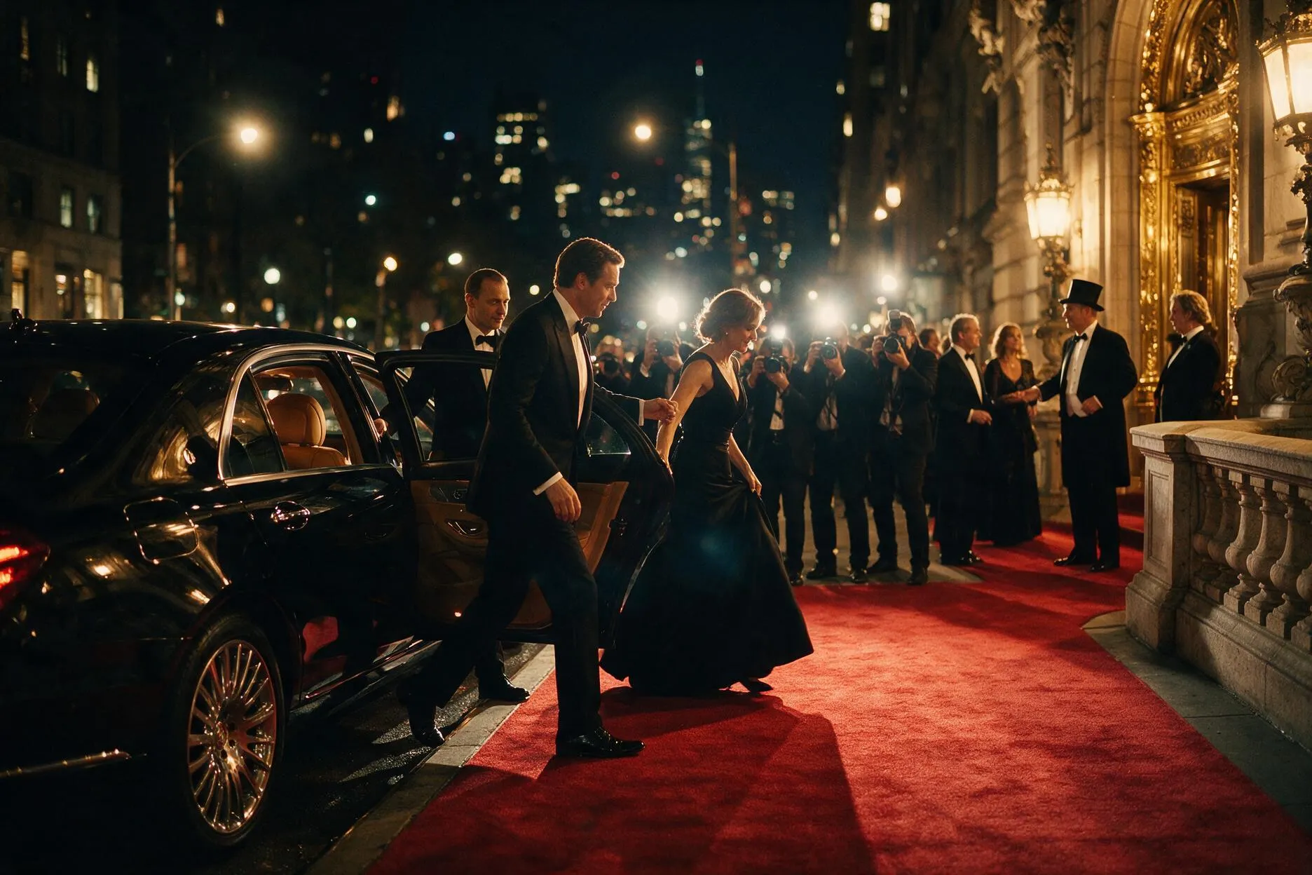 Black-tie arrival, Manhattan gala at night