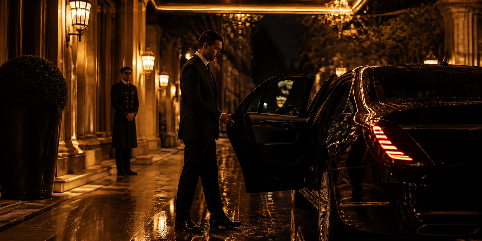 Chauffeur at a grand hotel portico, night
