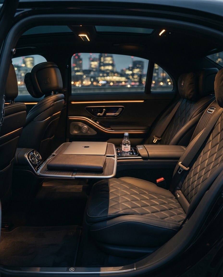 Rear cabin of a current Mercedes-Benz S-Class set up as a mobile office