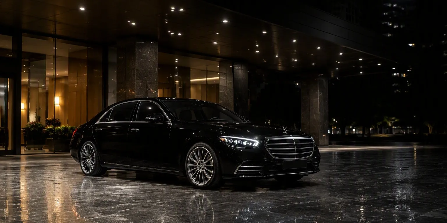 Current-model Mercedes-Benz S-Class waiting under a lit corporate porte-cochere at night
