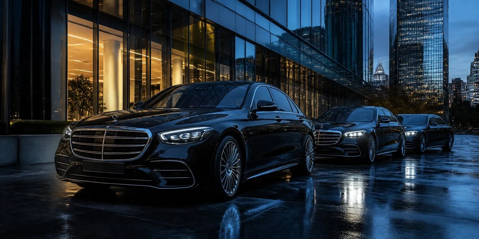 Three current-model Mercedes-Benz S-Class sedans at a corporate headquarters, dawn