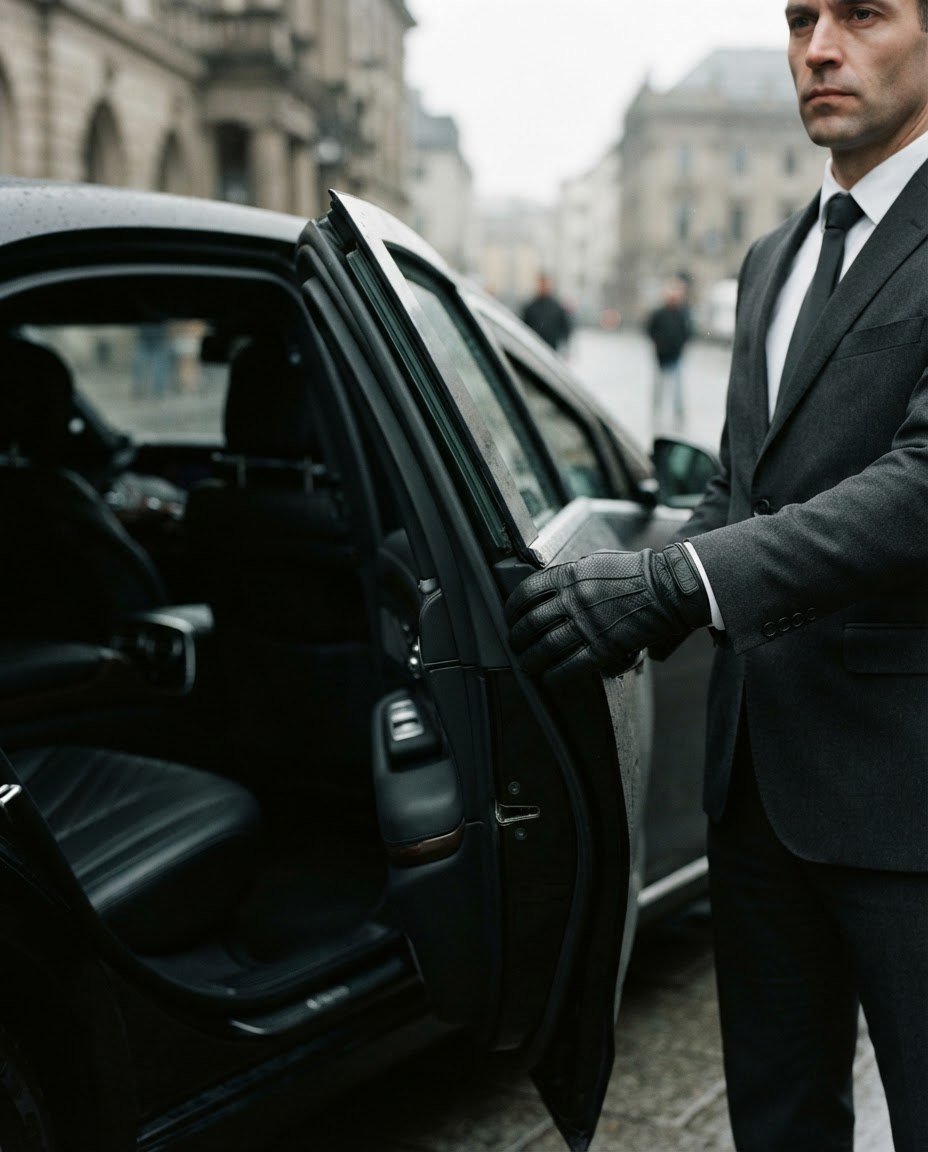 Security detail holding the door of an armored vehicle on a European street