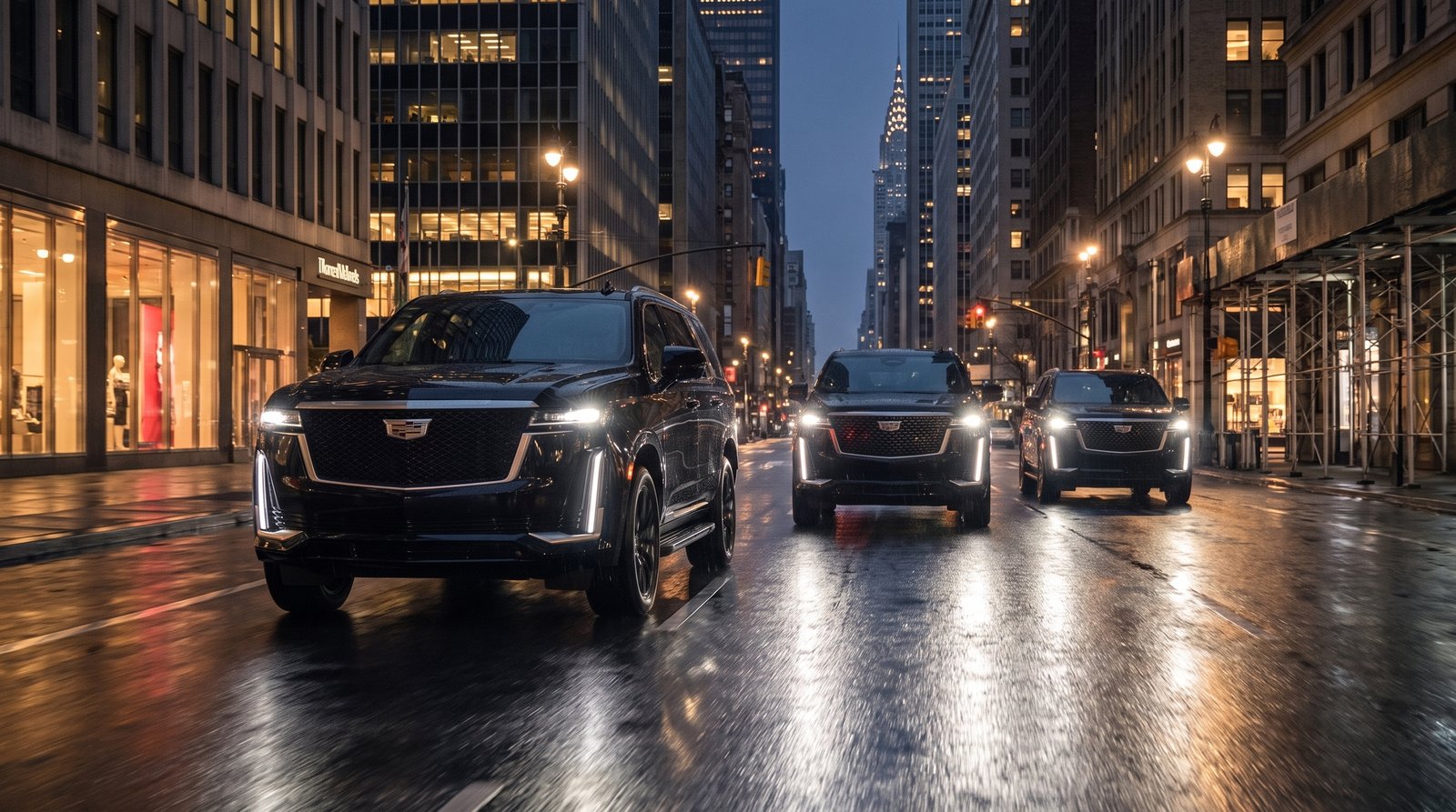 Composed motorcade of current-model Cadillac Escalade ESVs on a Manhattan avenue at night