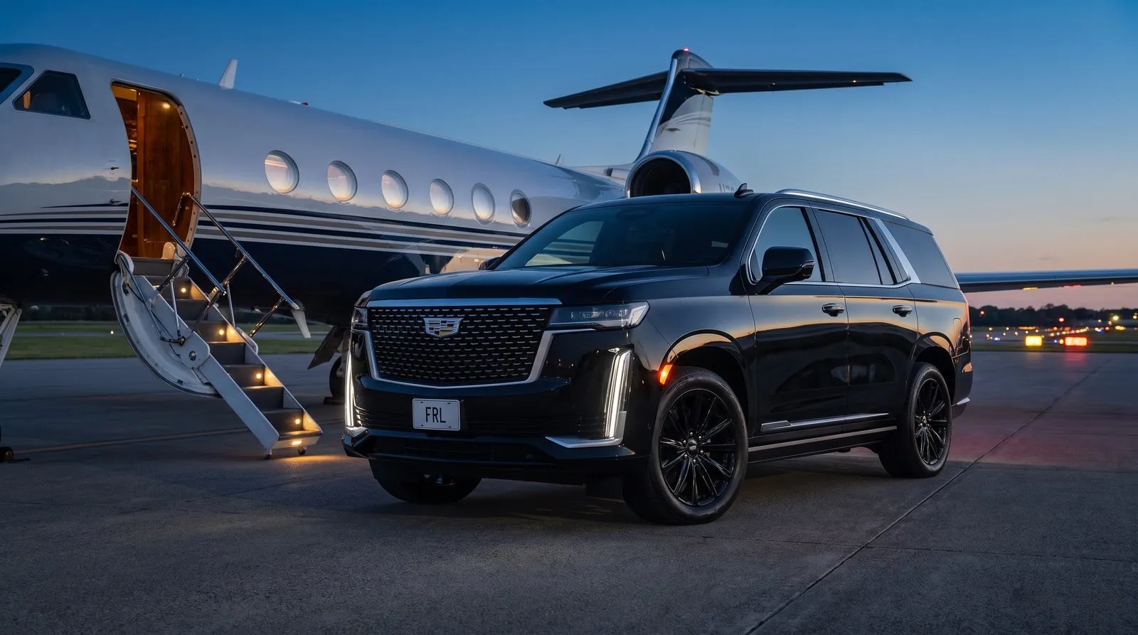 Current-model Cadillac Escalade ESV on a private tarmac beside a jet