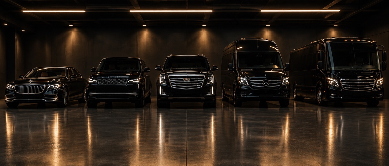 The fleet lined up nose-out in the private garage at night