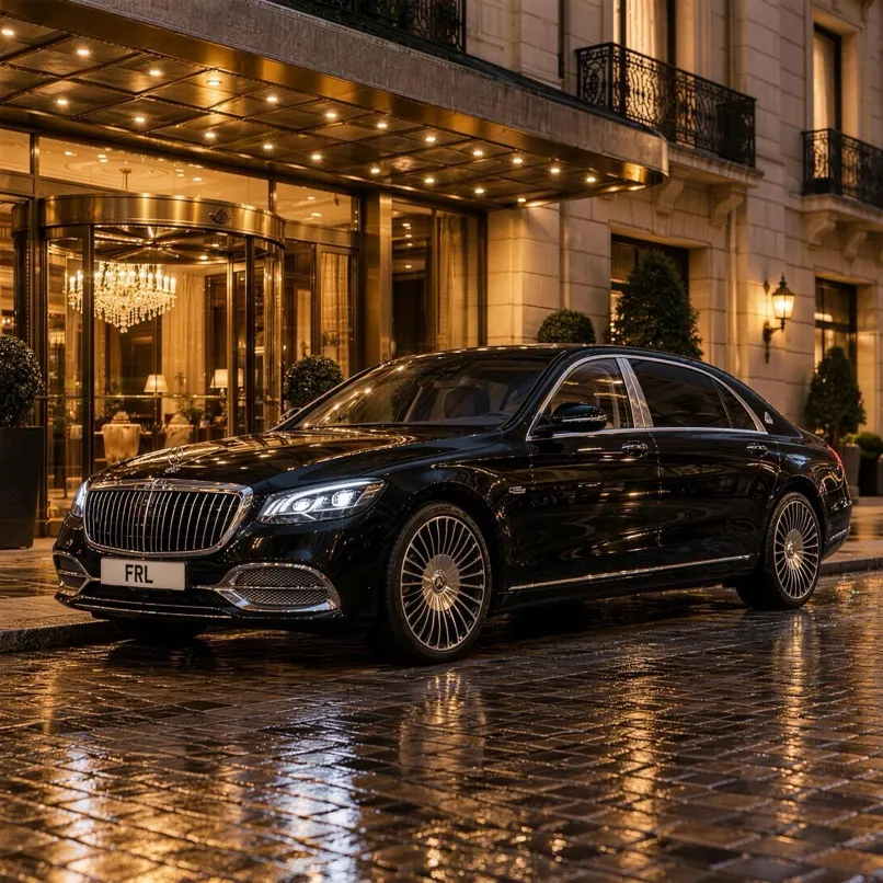 Mercedes-Maybach S 680, front three-quarter view, luxury hotel entrance, night