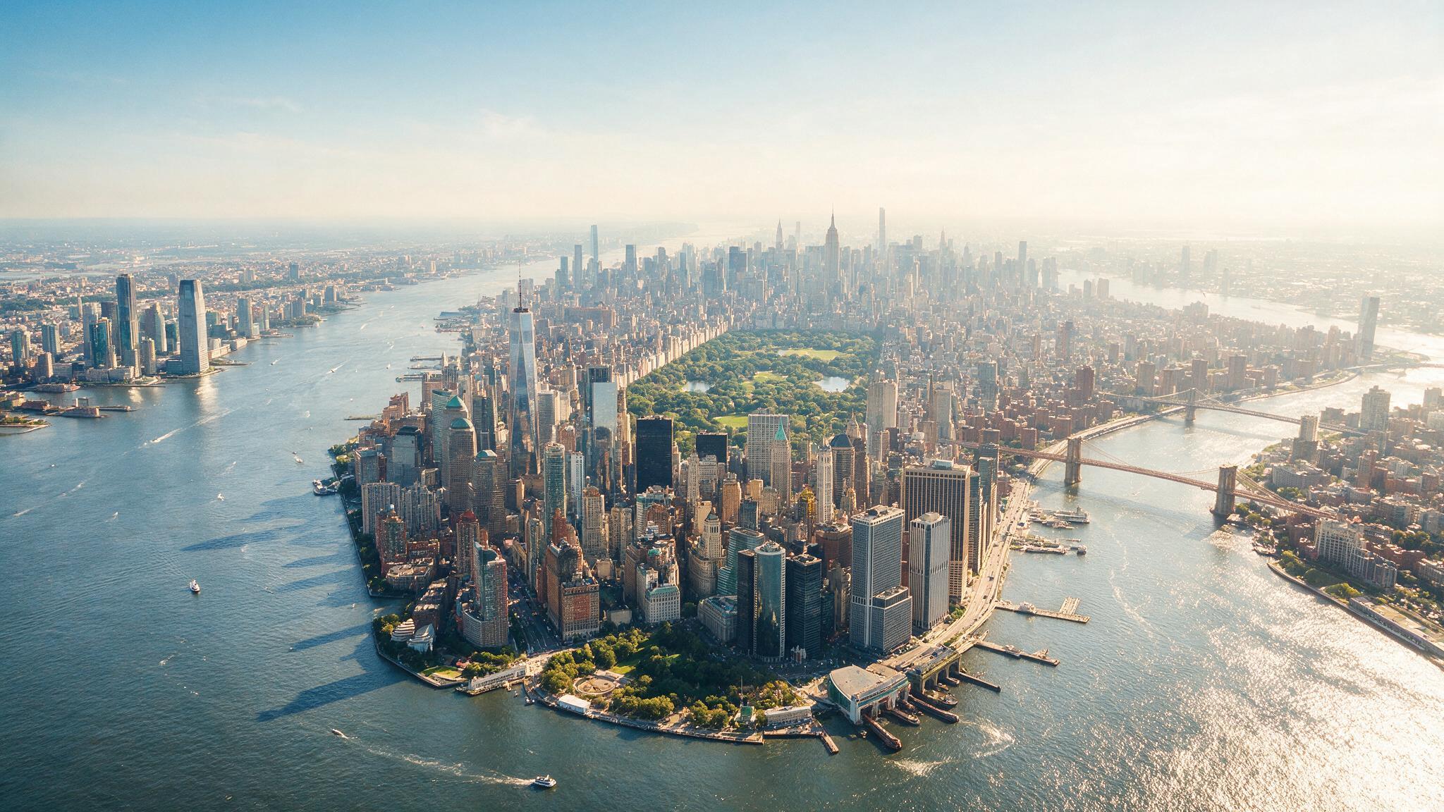 Aerial view of a global metropolis, soft daylight