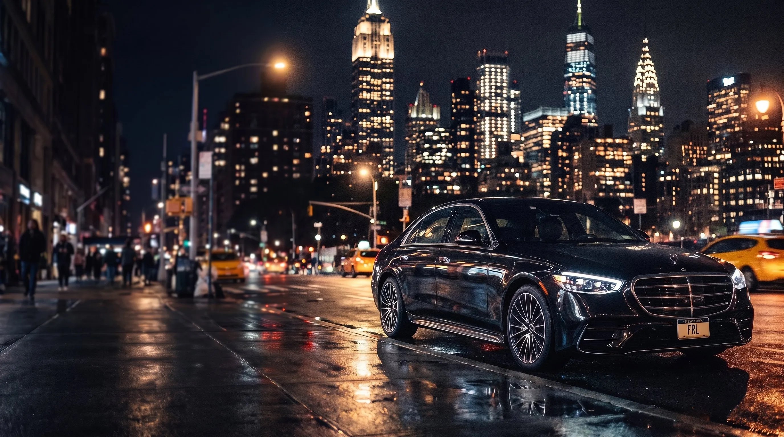 Black Mercedes-Benz S-Class on a Manhattan street at night, Empire State and Chrysler Building in the background