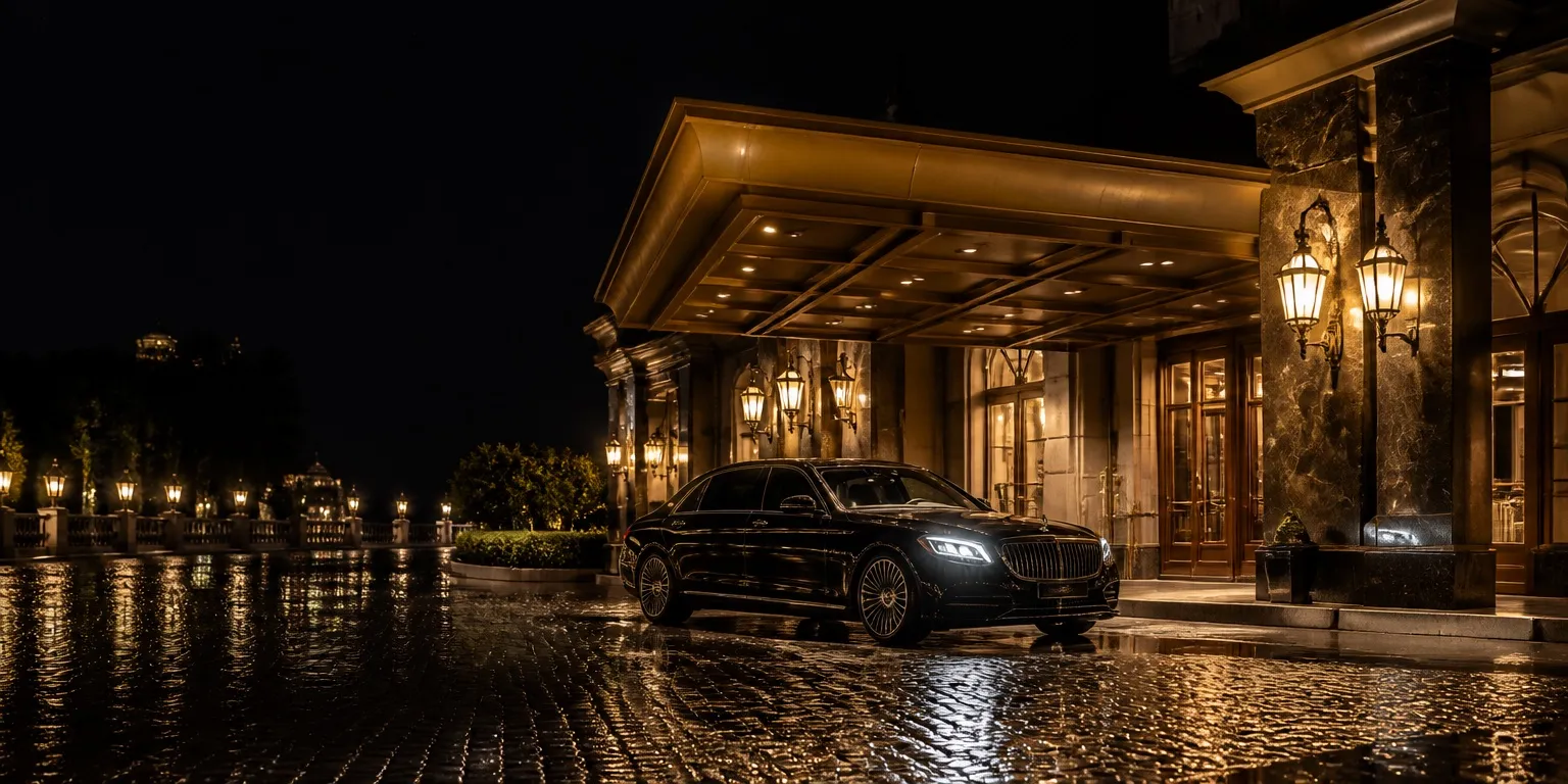 Chauffeured sedan waiting under a lit hotel porte-cochère at night