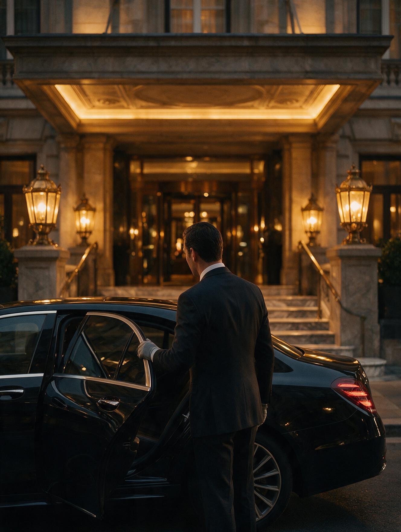 Chauffeur holding the rear door open at a hotel entrance