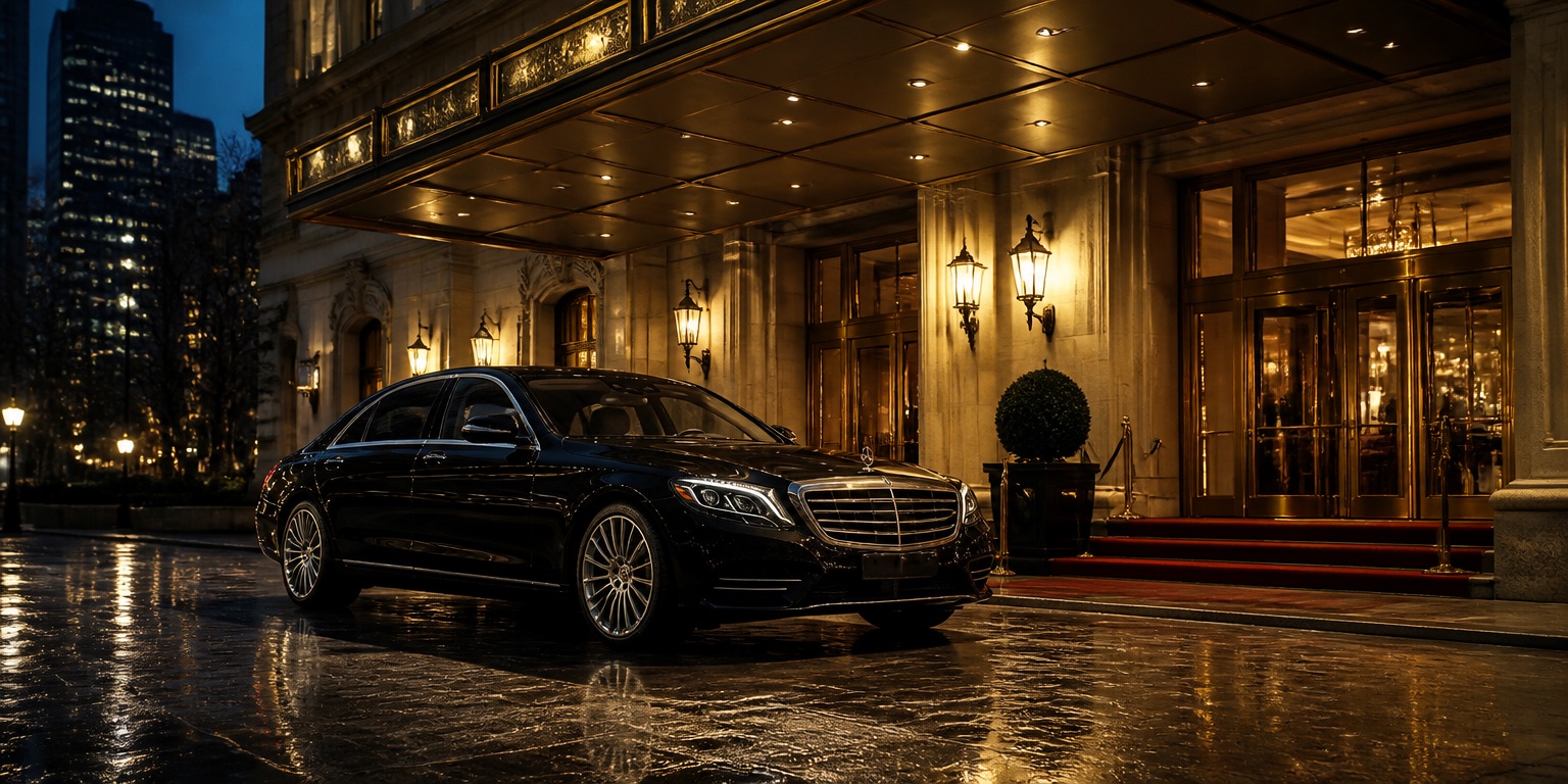 Luxury hotel porte-cochère at dusk with a waiting chauffeured sedan