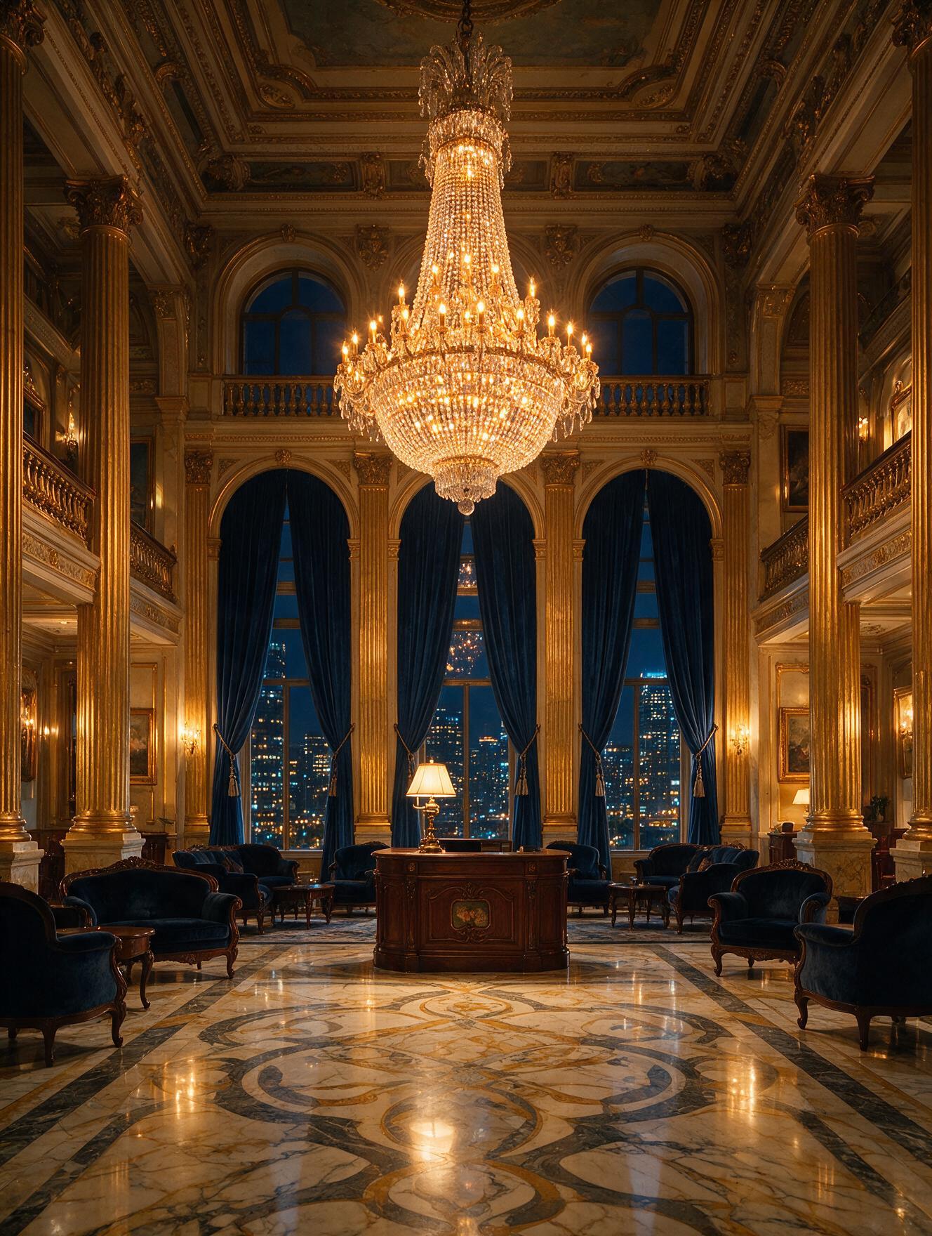 Grand hotel lobby at night — marble, chandeliers, concierge desk