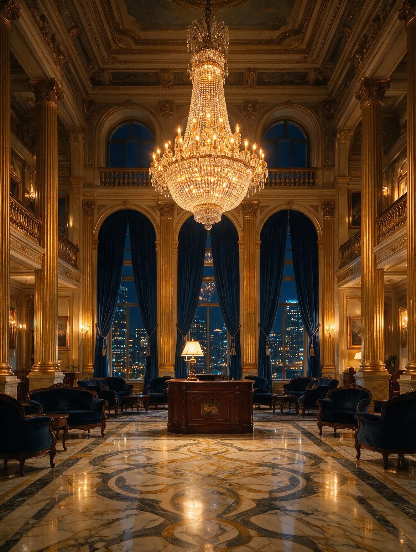 Grand hotel lobby at night — marble, chandeliers, concierge desk