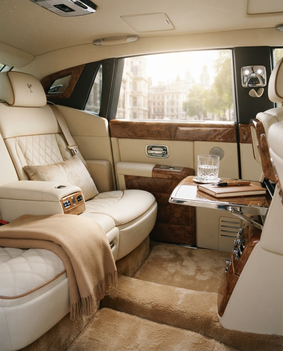 Cabin interior, daylight, cream leather, sunlit window