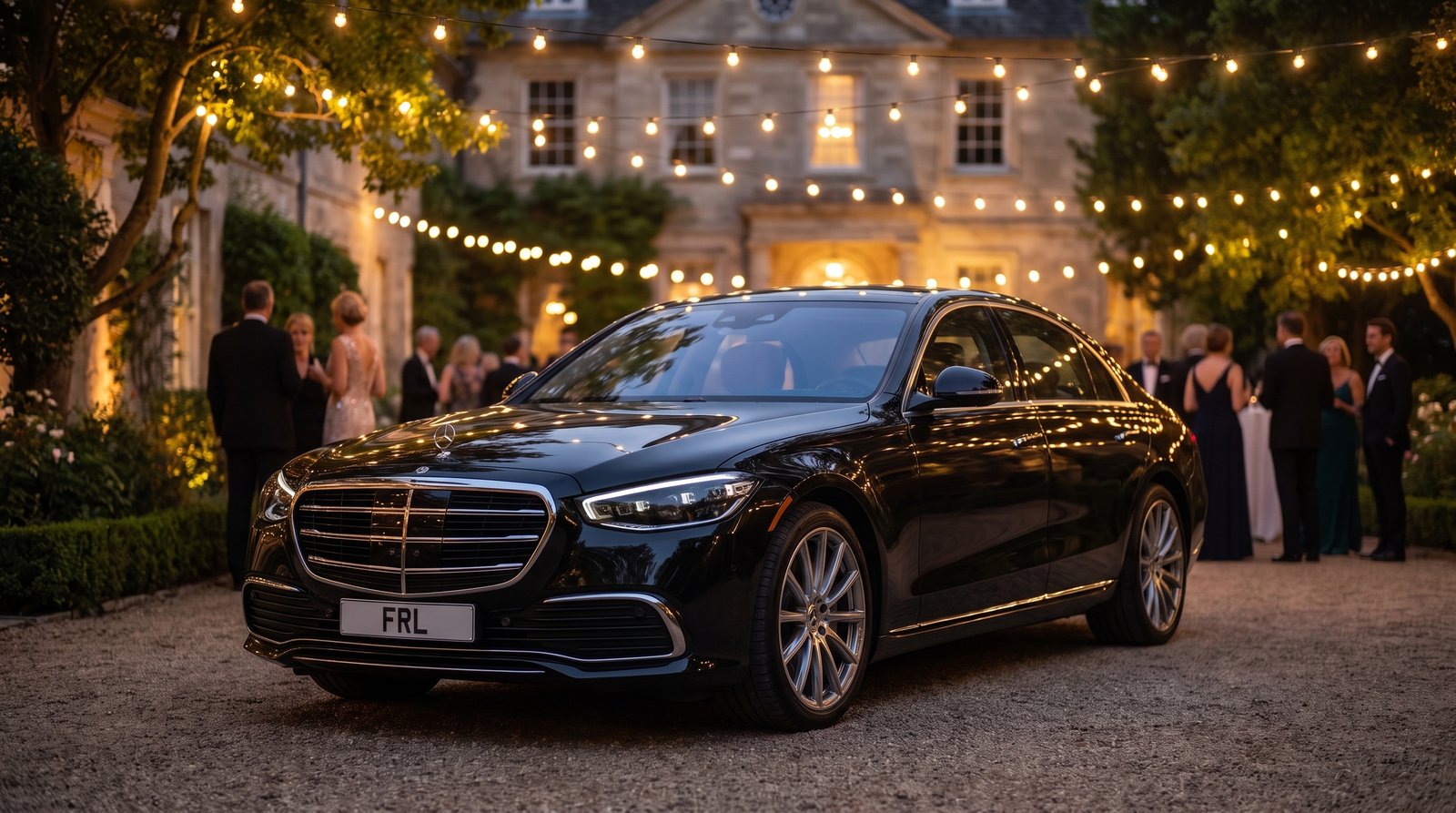 Current-model Mercedes-Benz S-Class at a garden gala, evening
