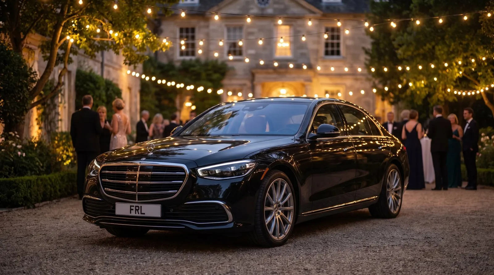 Current-model Mercedes-Benz S-Class at a garden gala, evening