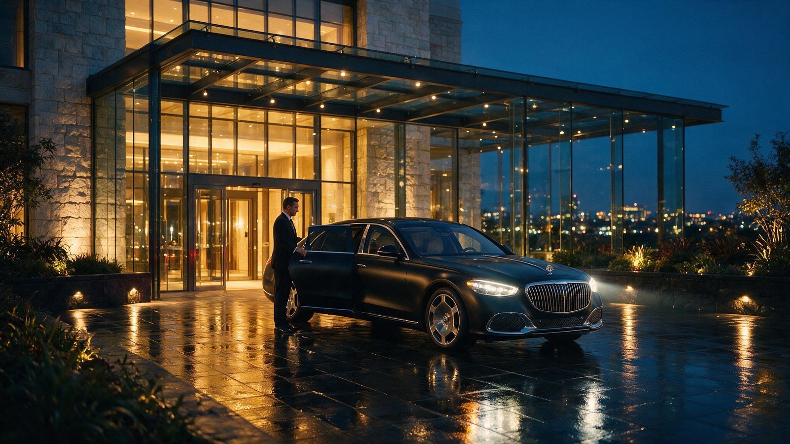 Current-model Mercedes-Maybach at a glass venue entrance, dusk