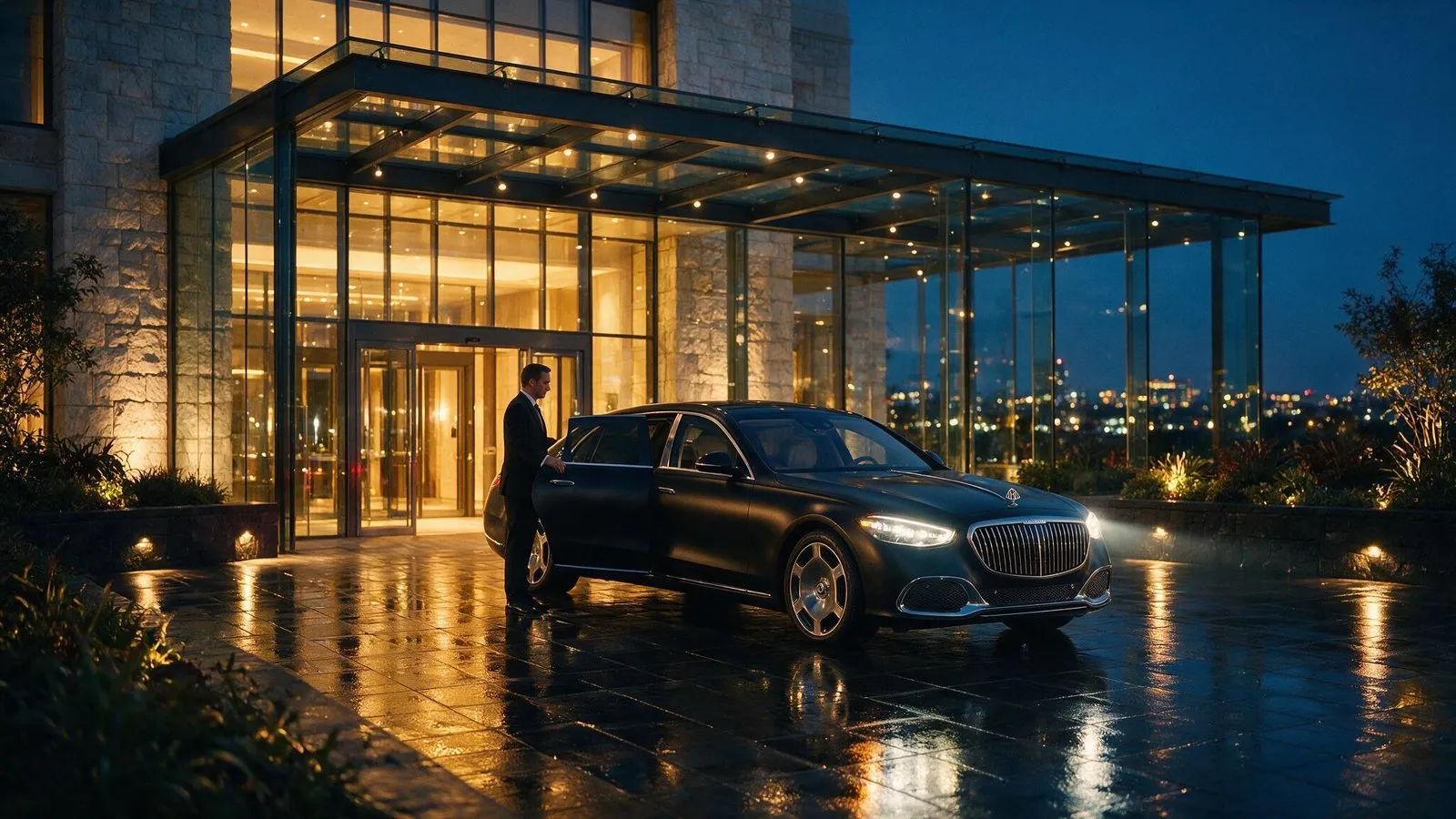 Current-model Mercedes-Maybach at a glass venue entrance, dusk