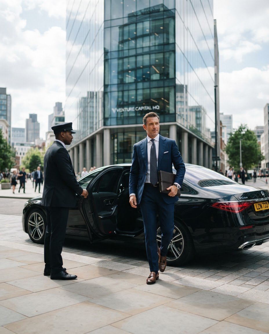 Chauffeur holding the door for an executive outside an office tower