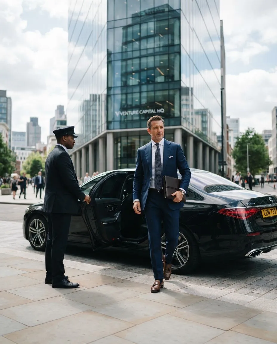 Chauffeur holding the door for an executive outside an office tower