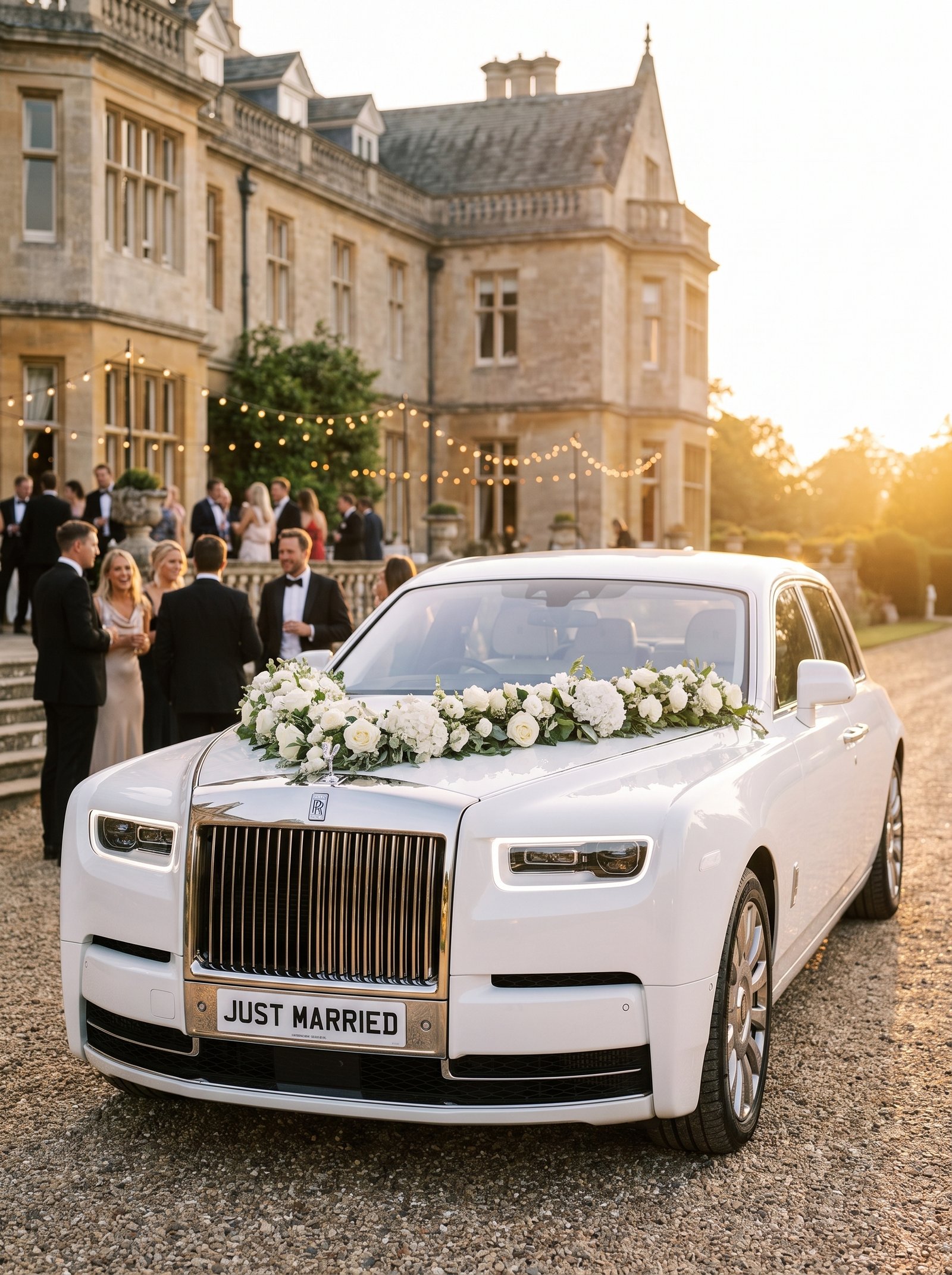 Current-model Rolls-Royce Phantom decorated for a wedding outside an estate