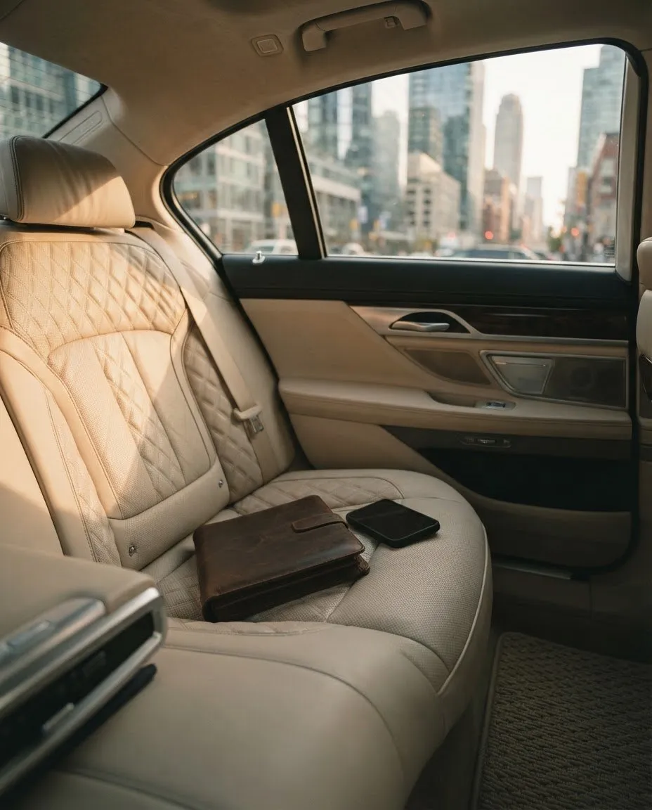 Rear cabin of a luxury sedan with a leather portfolio on the seat, city through the window