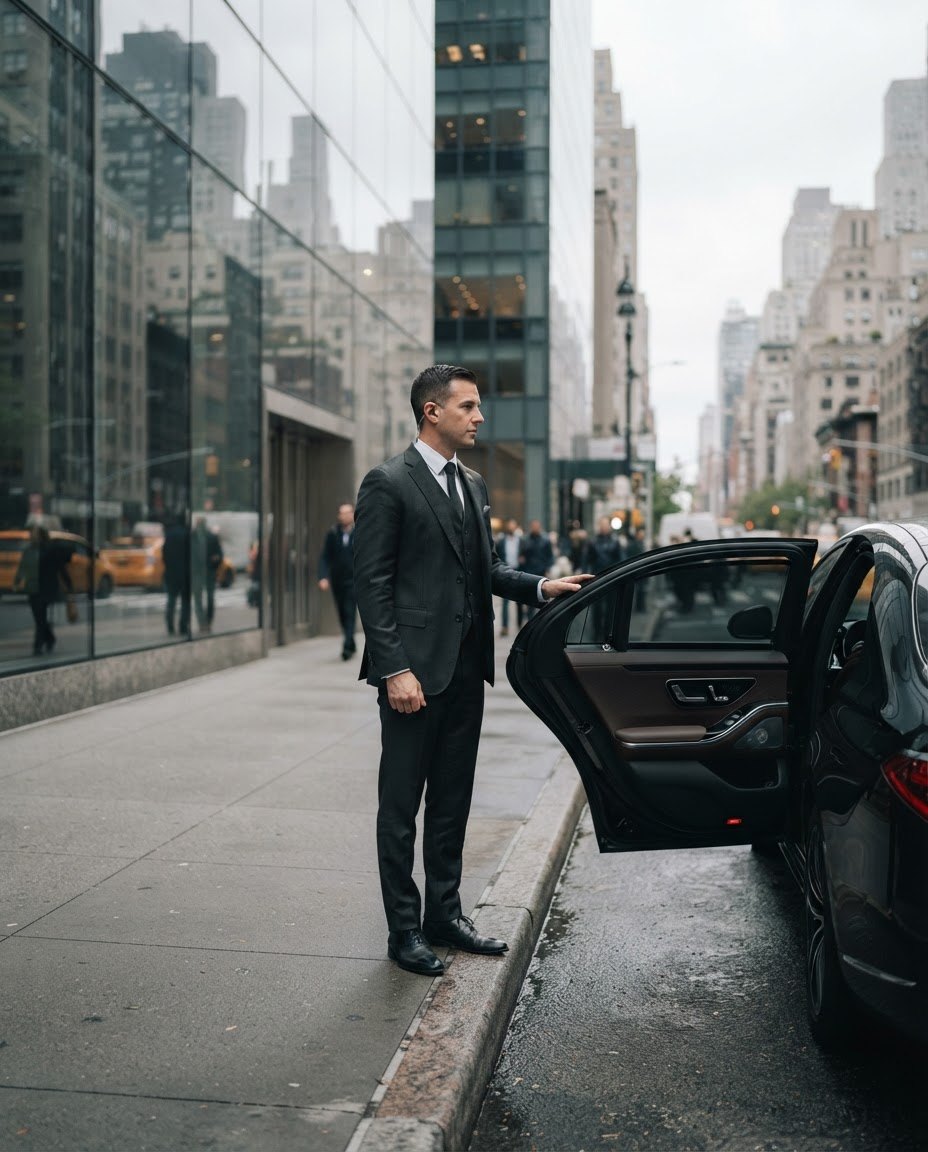 Chauffeur waiting beside an open rear door outside a glass office tower
