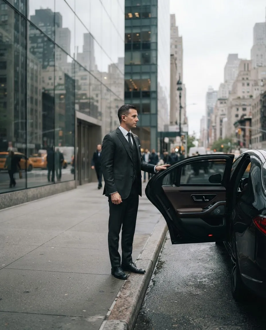 Chauffeur waiting beside an open rear door outside a glass office tower