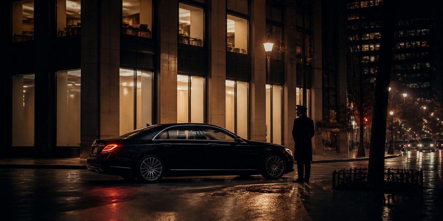 Black sedan idling at a Manhattan curb after dark, chauffeur waiting