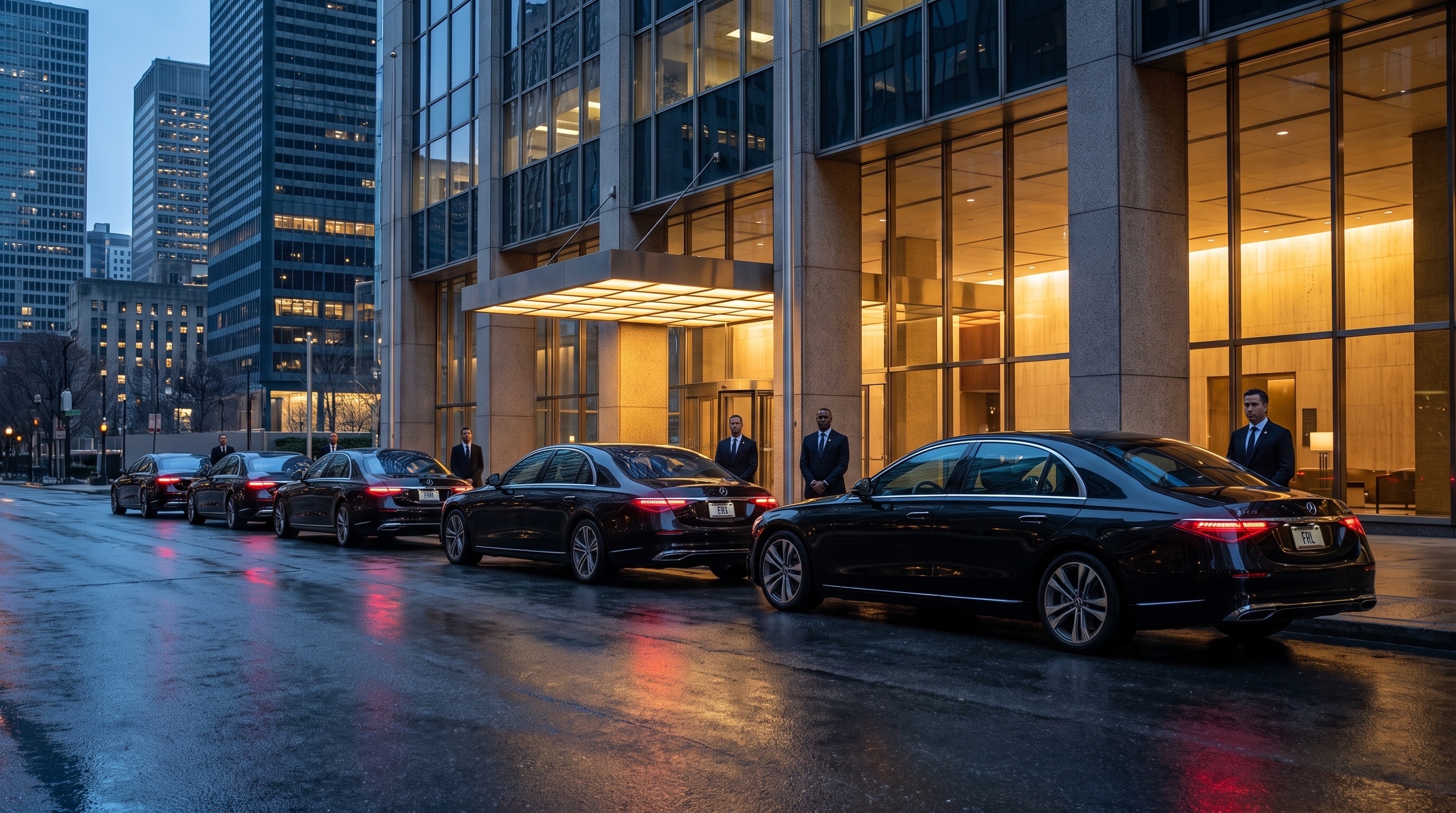 Five current-generation Mercedes-Benz S-Class sedans staged outside a financial district tower at blue hour