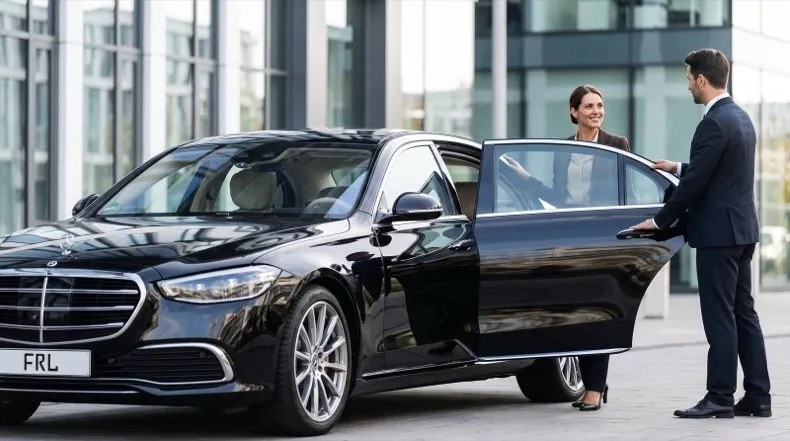 Chauffeur holding the car door open as a client steps in beside a Mercedes-Benz S-Class