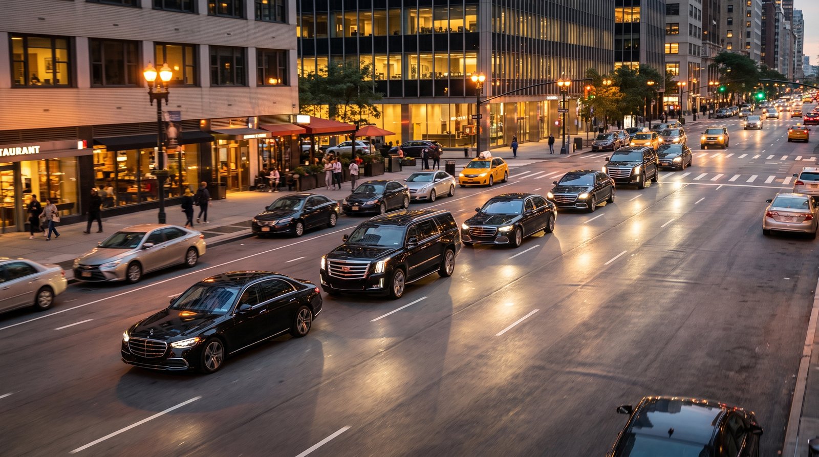 Motorcade of Mercedes-Benz S-Class, Mercedes-Maybach and Cadillac Escalade ESV vehicles on a busy city avenue