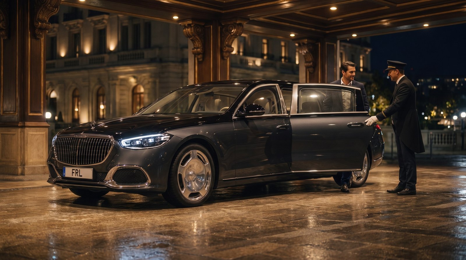 Mercedes-Maybach at a luxury hotel entrance, evening