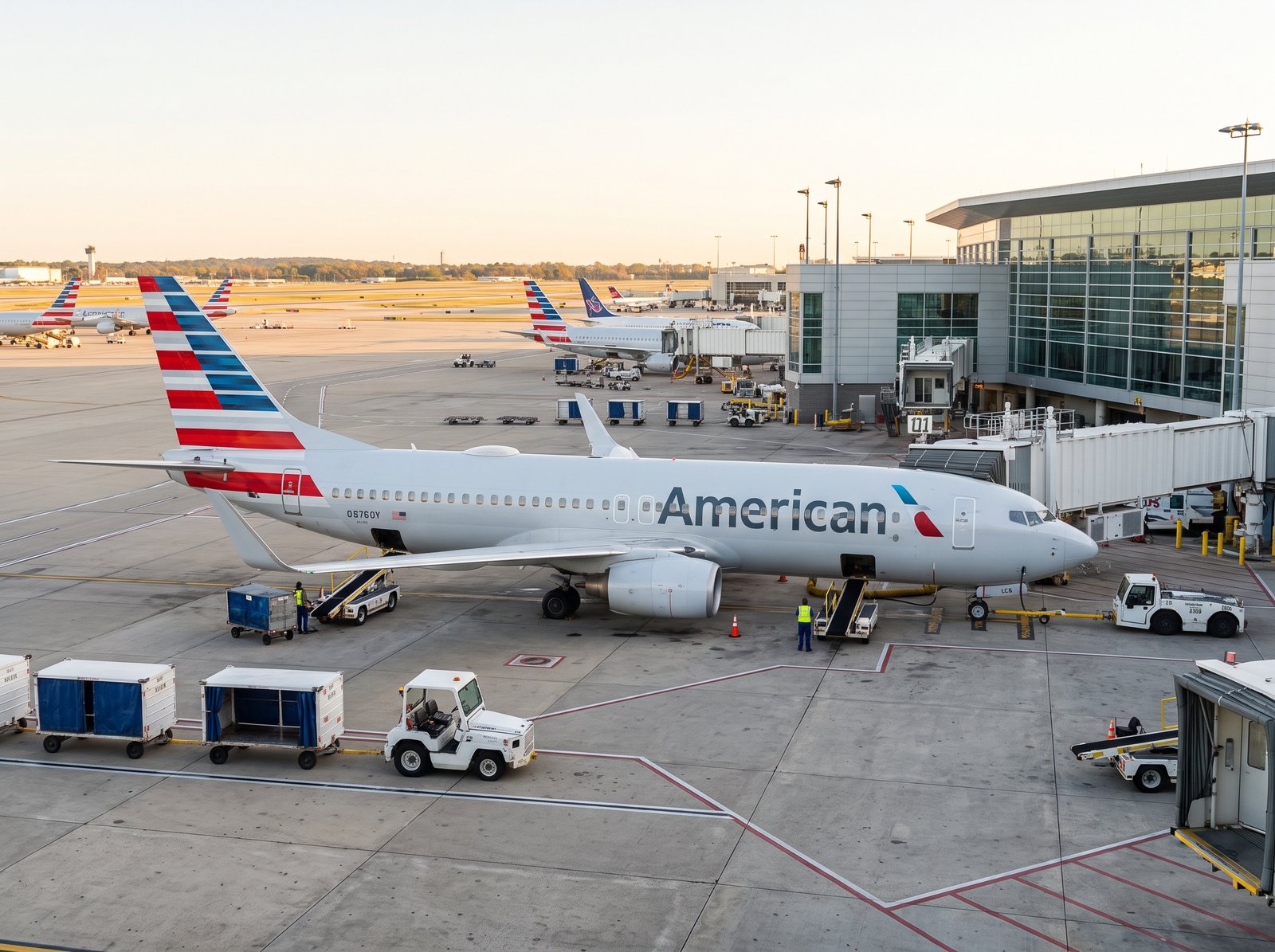 American Airlines aircraft at an international airport terminal gate