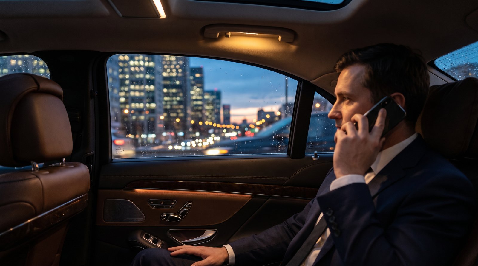 Executive on a phone call in the back seat of a Mercedes-Benz S-Class, city skyline outside