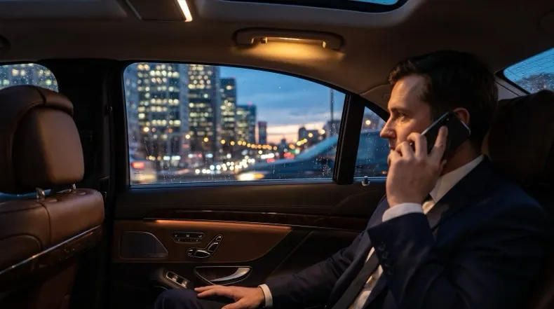 Executive on a phone call in the back seat of a Mercedes-Benz S-Class, city skyline outside