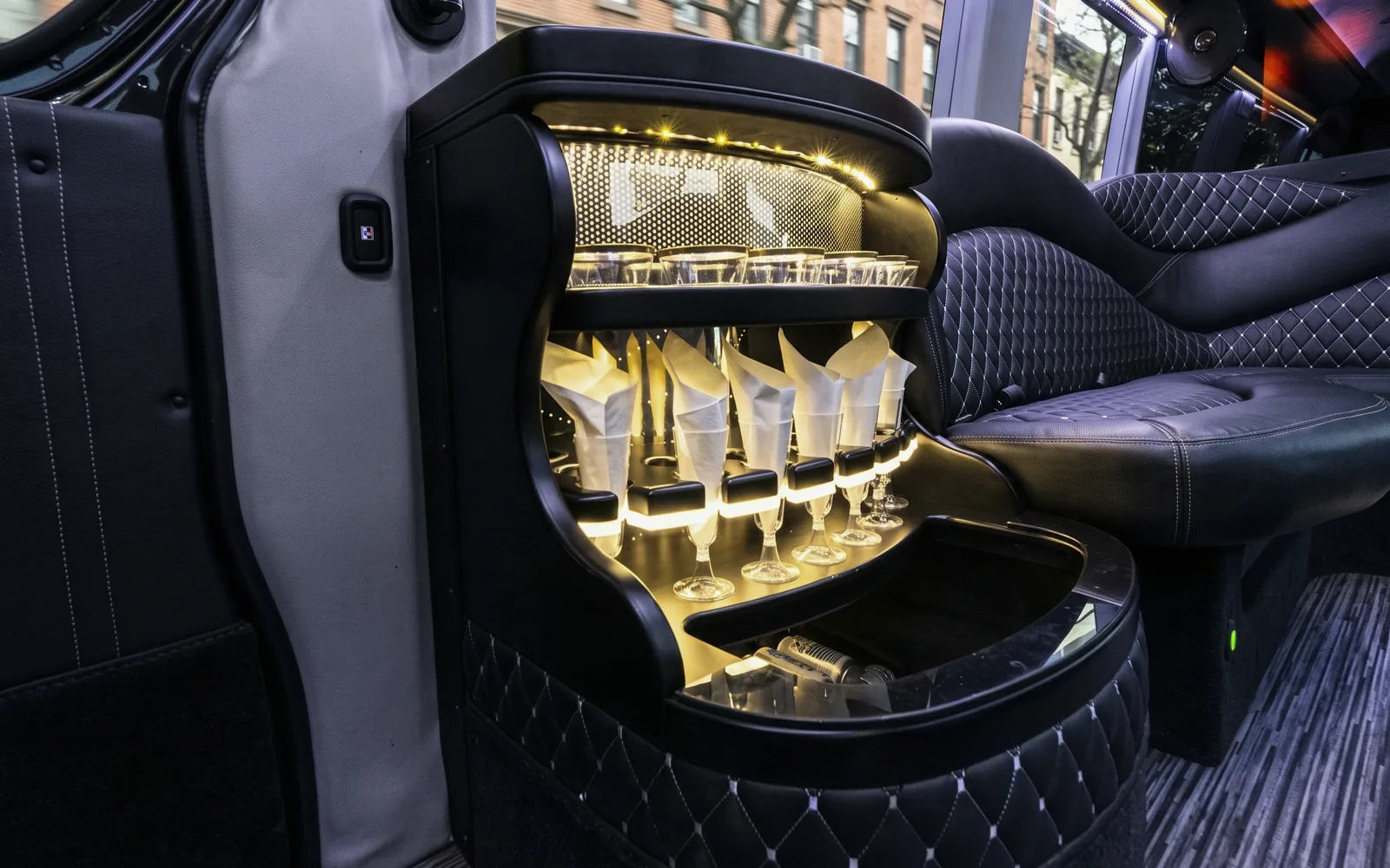 Mercedes-Benz Sprinter Limo, onboard bar, close view