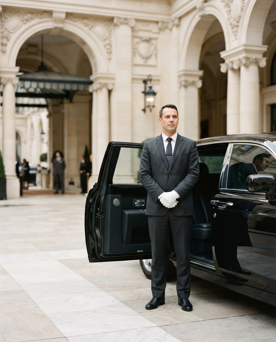 Chauffeur at attention beside the car, hotel portico, daylight