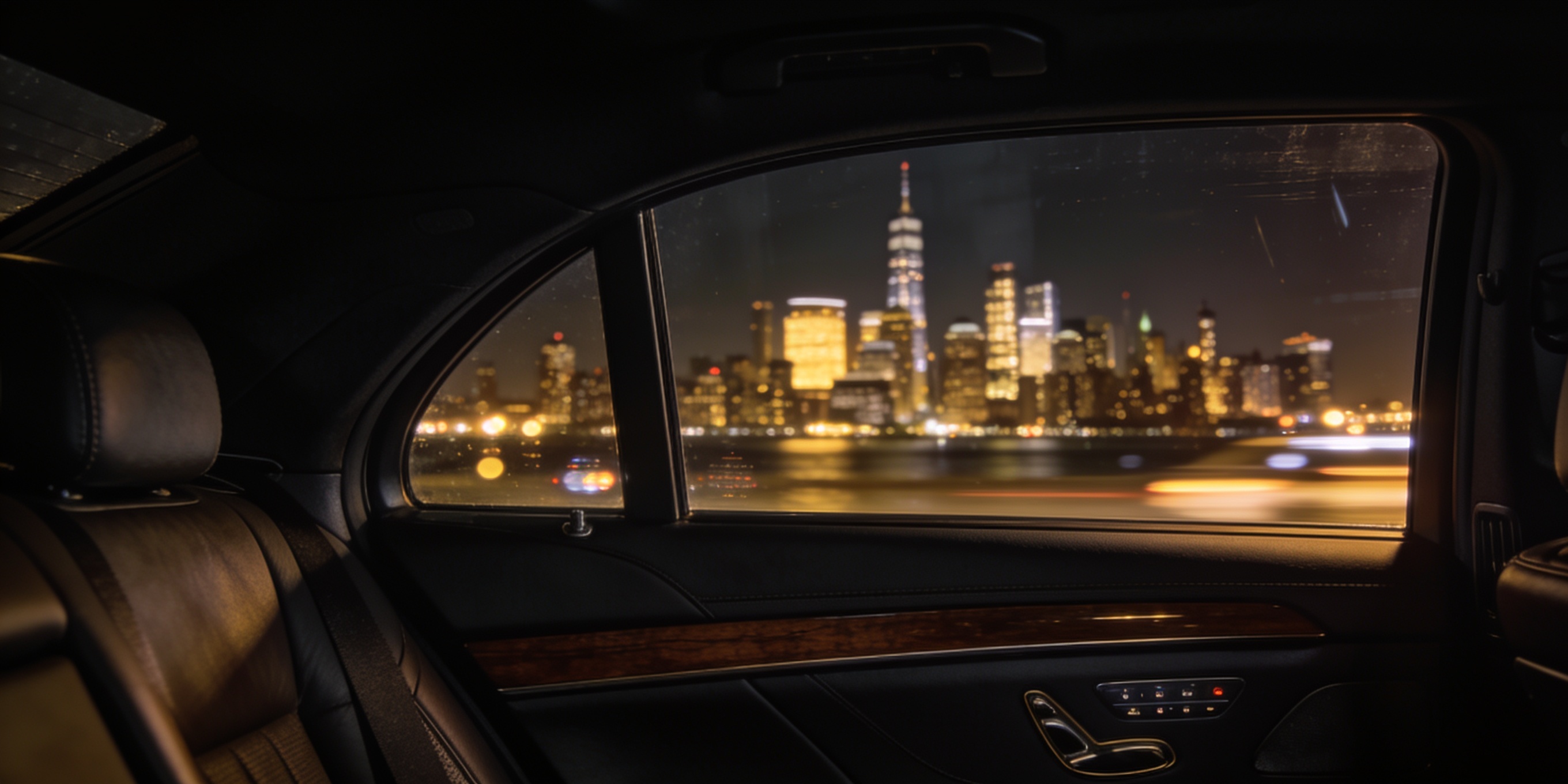 City skyline through a car window at night