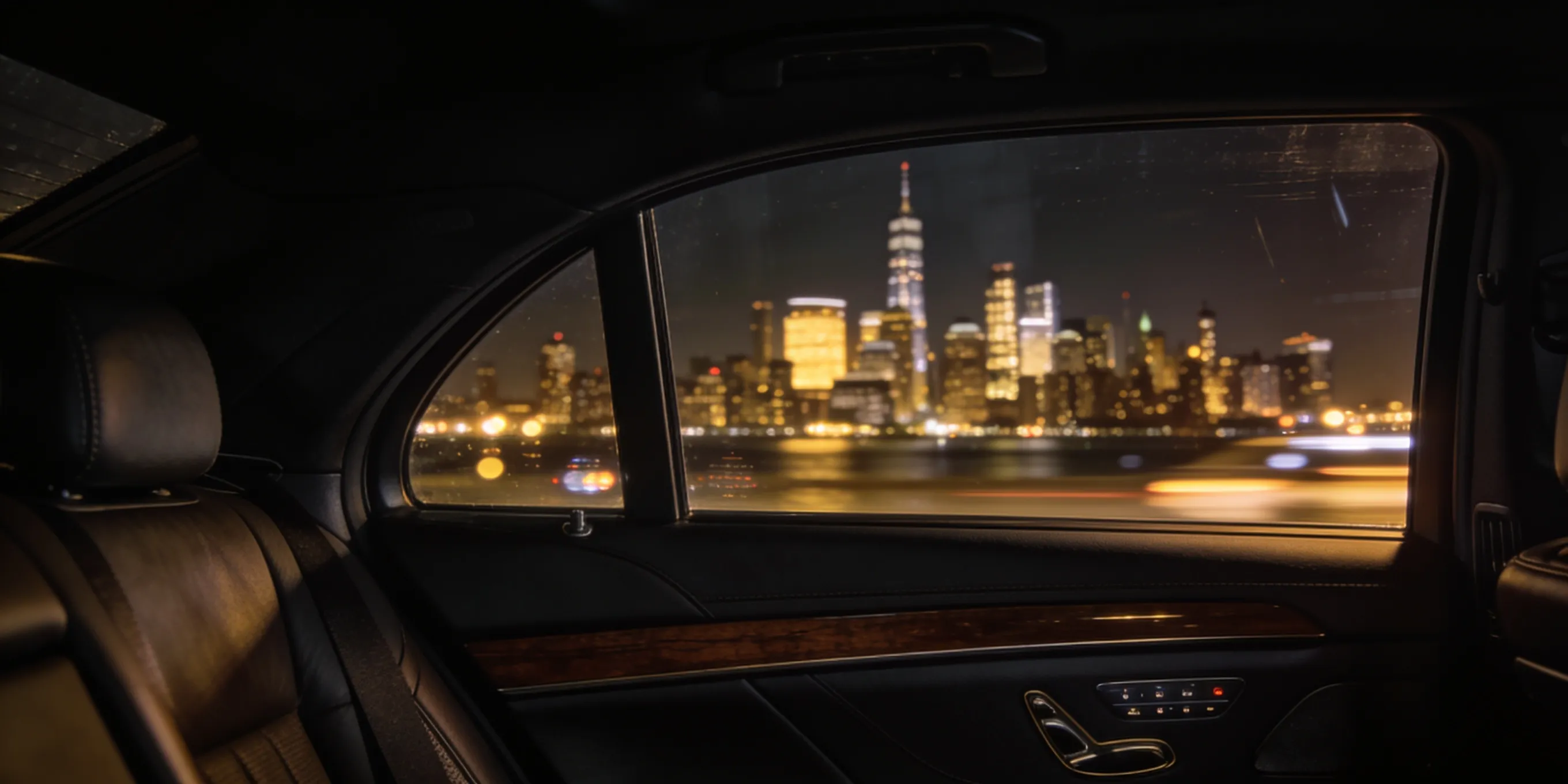 City skyline through a car window at night